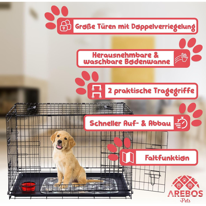 Клітка для собак Arebos | Транспортна переноска для собак, складна | Клітка-переноска для собак з 2 дверцятами | Клітка для собак вдома | Чорний (107 x 71 x 77,5 см)
