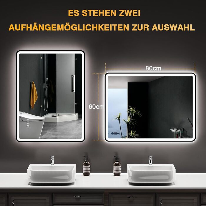 Дзеркало для ванної кімнати з підсвічуванням 80x60 см, 3 кольори, регульована яскравість, антизапар, 3x збільшення, розетка для гоління, IP44, для горизонтального/вертикального монтажу