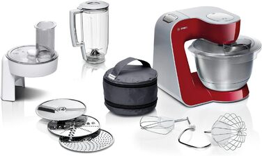 Кухонний комбайн Bosch MUM58720 Серія 4, 1000 Вт, 3,9 л, міксер 1,25 л, планетарне змішування, насадки для тіста і збивання, шинкувальна насадка, нержавіюча сталь, темно-червоний/сріблястий