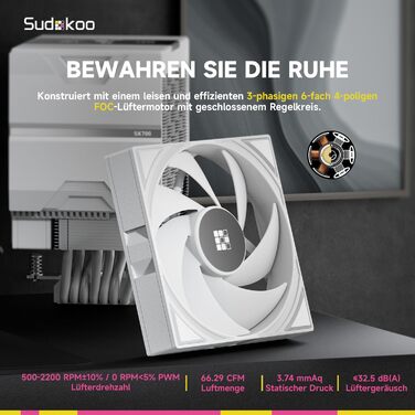 Система охолодження CPU Sudokoo SK700 White для AM5 з 120 мм вентилятором та 7 heatpipes - білий кулер для процесора з повним доступом до RAM, 5 років гарантії