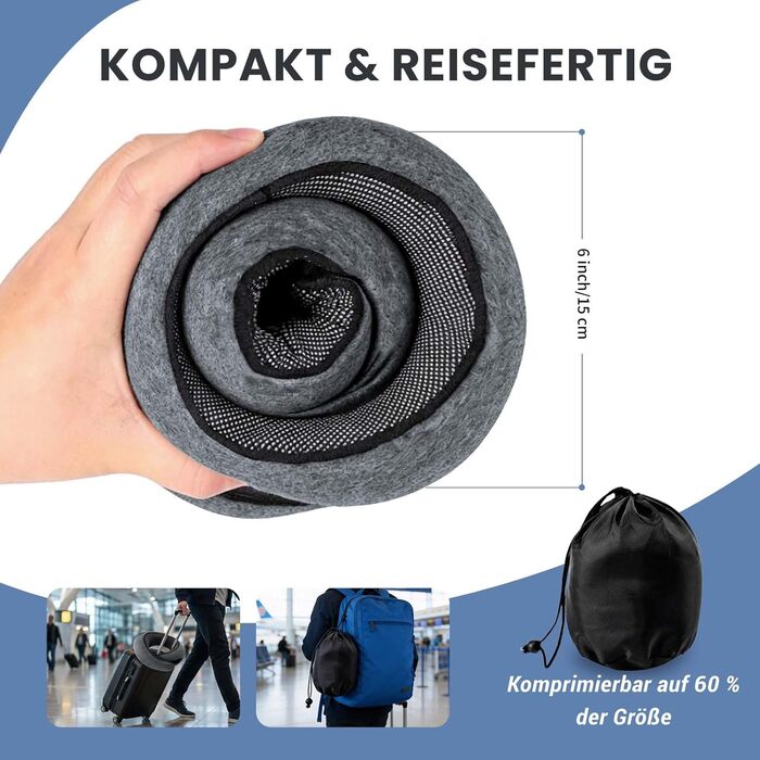 Подушка для подорожей з капюшоном, Memory Foam, темно-сіра. Підтримка шиї для літака, авто та дому