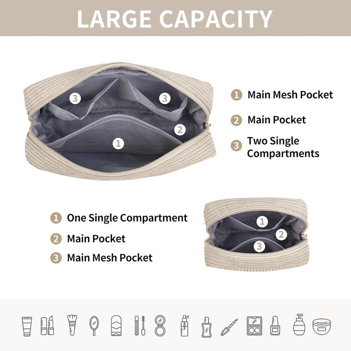 Косметичка MAGEFY для макіяжу: 2 шт. у наборі, з відділеннями, з корду, для подорожей, бежевий колір