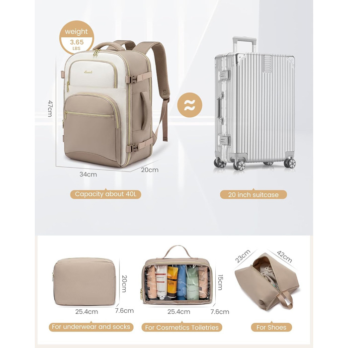 LOVEVOOK Рюкзак для ручної поклажі, 40L, для подорожей, чоловічий/жіночий, 17 дюймів, водонепроникний, для вихідних, кемпінгу, бізнесу