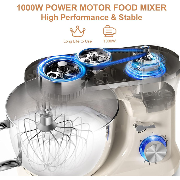 Кухонна машина/міксер Vospeed 1000W з чашею з нержавіючої сталі, 5QT, 8 швидкостей, набір насадок (біла)