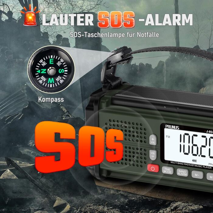 Радіо PRUNUS J-924S AM/FM/SW: Кисневе радіо, радіоприймач для надзвичайних ситуацій з сонячною панеллю, акумулятором 10000mAh, ліхтариком, SOS-сигналом та функцією зарядки телефону. Ідеально для відпочинку на природі, відключень електроенергії та надзвича