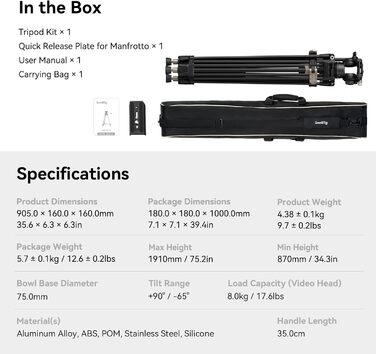Професійний відеоштатив SmallRig AD-80 FreeBlazer (4163) з гідравлічною головою, алюмінієвий, навантаження до 8 кг