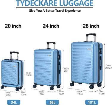 Набір валіз TydeCkare 20/28' (Економ-пакет): 20' ручна валіза з відділенням для ноутбука, 28' велика валіза 101л з ABS+PC корпусом, TSA-замок, Оранжевий (Електро-блакитний, L)