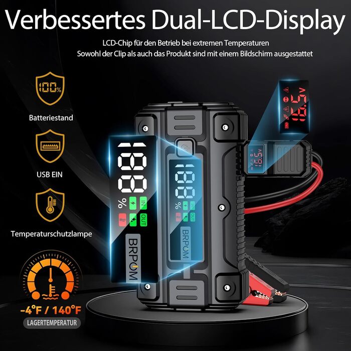 Powerbank для пуску двигуна BRPOM 6000A 12V: для авто, мото, газонокосарок. LED-ліхтар, великий екран, бустер для акумулятора