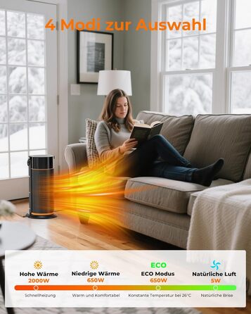 Електричний обігрівач 2000W з PTC-керамічним нагрівачем, тихий, з пульт дистанційного керування, таймером, поворотним механізмом 70° та LED-дисплеєм. Підходить для офісу, спальні, ванної кімнати, дому. Чорний, без полум'я.