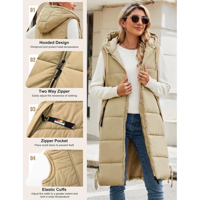 Тепла зимова жилетка Vancavoo з капюшоном, XXL, хакі. Легка стьобана жилетка з пуху для жінок та чоловіків. Перехідна куртка-жилетка на осінь/зиму.