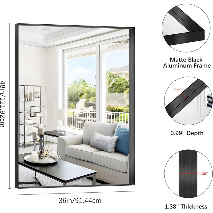 Дзеркало настінне прямокутне без рами 75x75 см для ванної, спальні, вітальні. Чорний колір, вертикальна/горизонтальна орієнтація