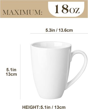 MALACASA Coffee Mugs Set of 6, Porcelain 560ML Mug Set, Large Modern Coffee Cups with Handle for Tea, Juice, Latte, Cappuccino, Hot Chocolate. Dishwasher and microwave safe, REG White Series