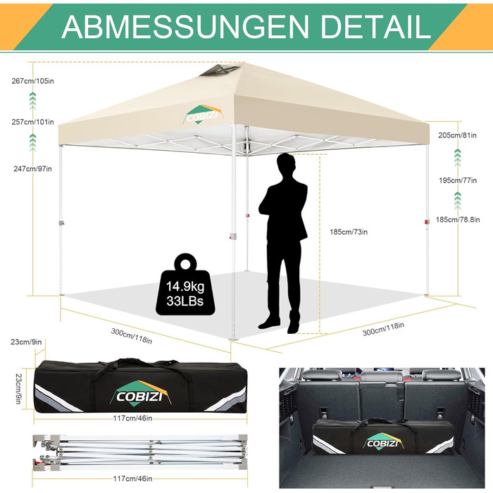 COBIZI Folding Gazebo 3x3, 3x3 Gazebo Waterproof Stable One Push UV Protection Outdoor Party Tent Corrugated Eaves Event Tent Tent Garden Gazebo Pavilion Folding 3x3m With Carry Bag, (Khaki, 3x3 Regular)