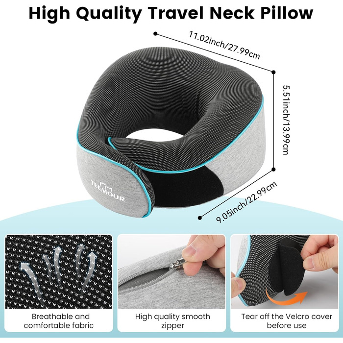 Подушка для шиї у літак Memory Foam з підтримкою 360°, набір для подорожей (очна маска, навушники, чохол), сіра