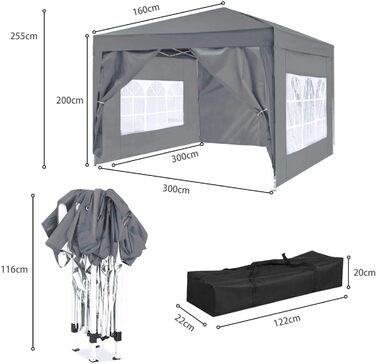 ISE 3x3 Pavilion with Side Walls, Folding Pavilion Stable incl. Carrying Bag, Folding Pavilion 3x3m UV Protection 50+, Adjustable Party Tent for Garden, Grey