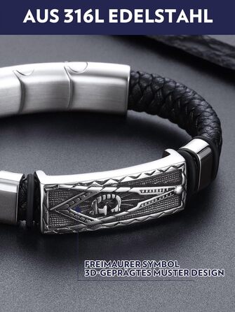 Браслет шкіряний чоловічий Bandmax Mjölnir/Череп/Масонство, з магнітною застібкою, сріблястий, 23 см