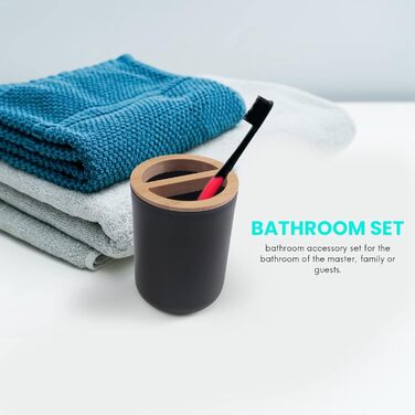 Набір аксесуарів для ванної кімнати з бамбука (6 шт.), чорний: щітка для унітазу, дозатор мила, стаканчик для зубних щіток, мильниця, сміттєвий бачок