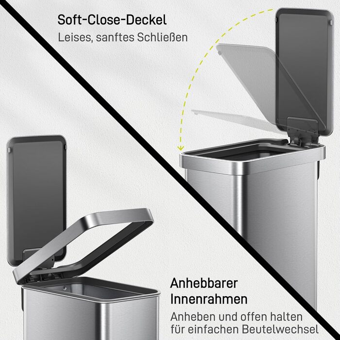 Відро для сміття EKO Madison 30L з винімним контейнером, м'яким закриттям кришки, стійке до відбитків пальців, нержавіюча сталь, прямокутне, з мішками для сміття 20 шт. (50L)
