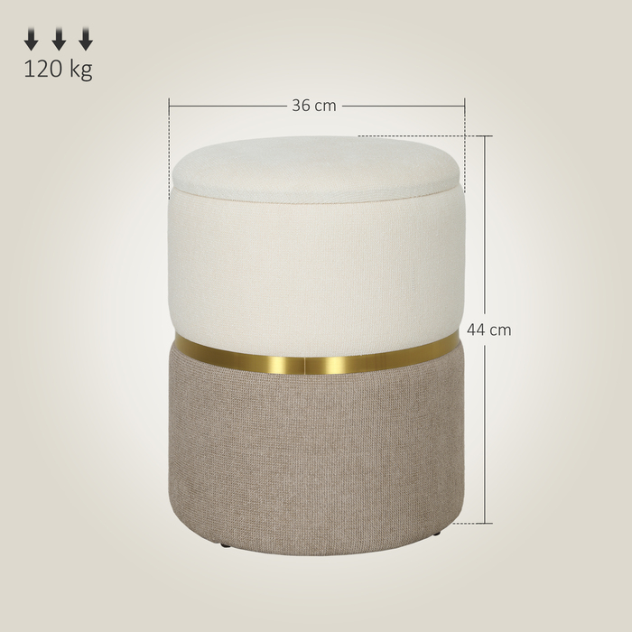 HOMCOM Storage Ottoman with Lid, Metal Ring, Two-Tone Design Round Footstool Upholstered Ottoman, Chenille 36 x 36 x 44 cm Cream White | Aosom