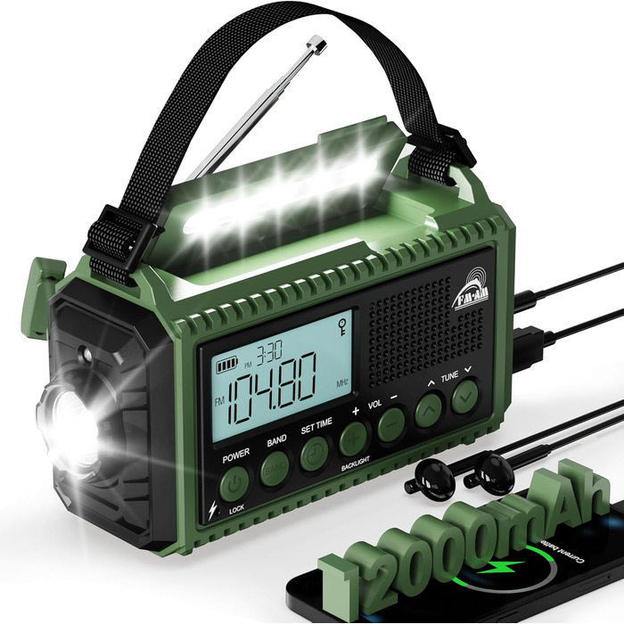 Радіоприймач Kurbelradio на 12000 mAh з ручним заводом, сонячною панеллю та SOS-сигналом. AM/FM/SW радіоприймач з USB-зарядкою, ліхтарик та світло для читання. Ідеально для кемпінгу, надзвичайних ситуацій та відключень електроенергії. Зелений колір.