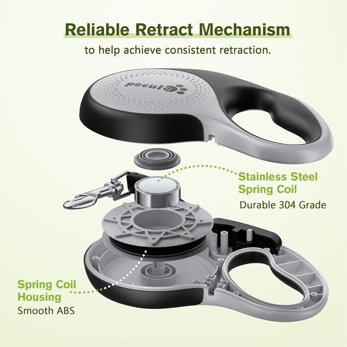 Рулетка для собак Pecute 8м, 50 кг, зелена/сіра, антизаплутування, швидке гальмування