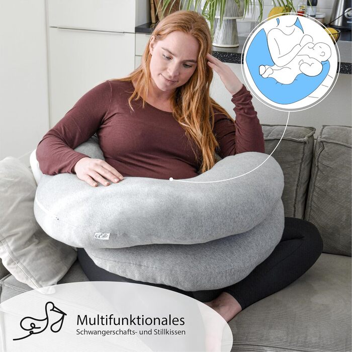 Вагітне подушка Ella, U-подібна подушка для сну на боці, U-подушка, подушка для годування з бавовняним чохлом, подушка для тіла та підтримки для жінок, для сну на боці - 140 x 80 см, сіра U, бавовна