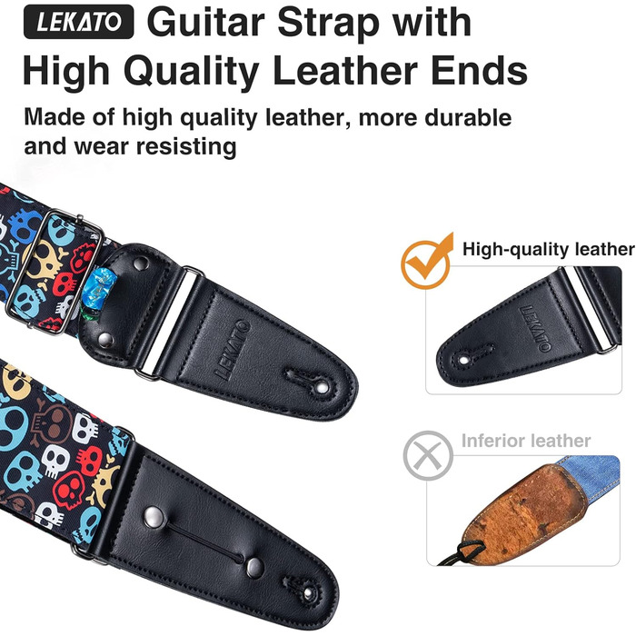 Гітарний ремінь LEKATO, смугастий, 6.7 см, з шкіри, з чохлом для медіатора та фіксаторами - для бас-гітари, електро- та акустичної гітари
