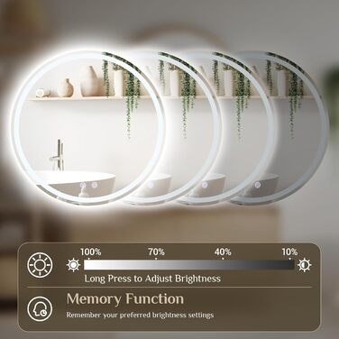 Круглий дзеркало для ванної кімнати Clevich з підсвічуванням, 80 см, сенсорне управління, протитуманне покриття, 3 кольори світла, регулювання яскравості