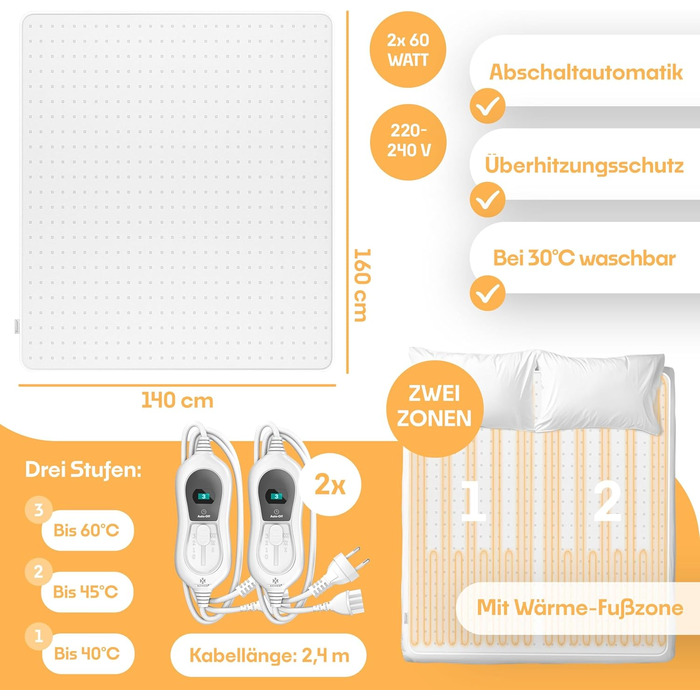 Електрична ковдра KESSER® з автовимкненням та пультом дистанційного керування | 3 температурні режими | Підійде для будь-якого ліжка | Тепла ковдра з м'якого флісу | Білий колір, без візерунка (160x140 см)