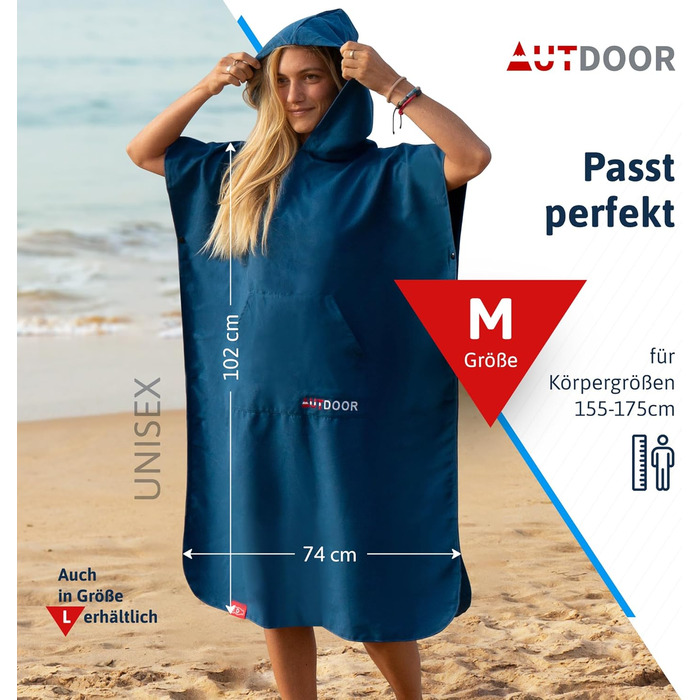 AUTDOOR® Microfiber Bathrobe for Women & Men - sustainably made from 100% recycled PET bottles - towel as a changing assistant for beach and water sports - quick-drying & compact (Blue, Medium)