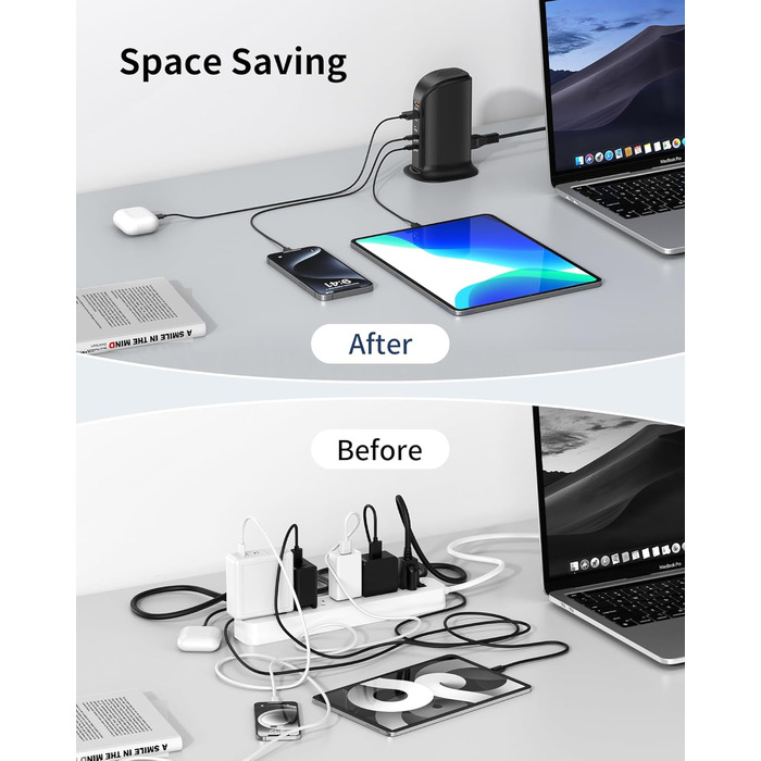 Зарядний пристрій USB-C 55W багатопортовий для iPhone, iPad, Samsung та інших пристроїв - Вежа USB-станція з 5 портами