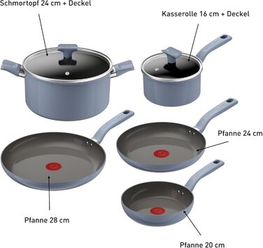 Набір посуду Tefal CERA BRIGHT ON 7 предметів: сковорідки 20/24/28 см, каструля 16 см, каструля 24 см + кришки. Керамічне антипригарне покриття, алюмінієвий корпус, індикатор нагріву Thermo-Signal, для всіх типів плит, бежевий (блакитний)