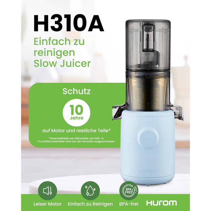 Hurom Slow Juicer | Vegetable and Fruit Juicer | H310 | Easy to Clean & Quiet Motor Electric Juicer with Strainer Filter | 150 Watt | BPA Free | Slim Design | 220ml, Sky Blue