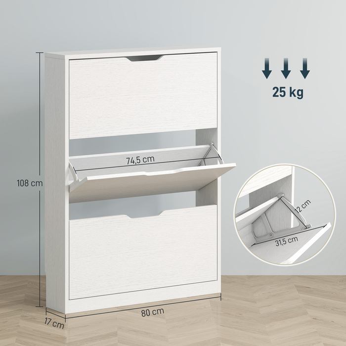 HOMCOM Shoe Cabinet with 3 Flaps, Shoe Rack, Shoe Bin Narrow Shoe Chest for 9-12 Pairs of Shoes 80 x 17 x 108 cm, White | Aosom