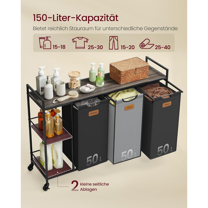 VASAGLE Laundry Basket with 3 Compartments, Laundry Collector 150 L, Laundry Sorter, Wheels, Laundry Cart with Shelves, Laundry Bag, with Removable Bags, 6 Labels, Chestnut Brown-Ink Black-Dove Gray BLH312B01