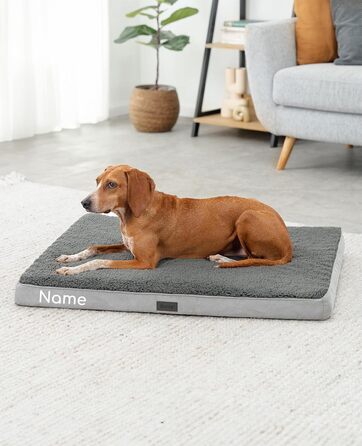 Ортопедичне ліжко для собак Lionto, 60x40x8 см, міцне лежання з м'яким плюшем, знімний та пральний чохол, водовідштовхувальне, підходить для собак та котів (L 91 x W 69 x H 8 см з нанесенням імені, сірий)