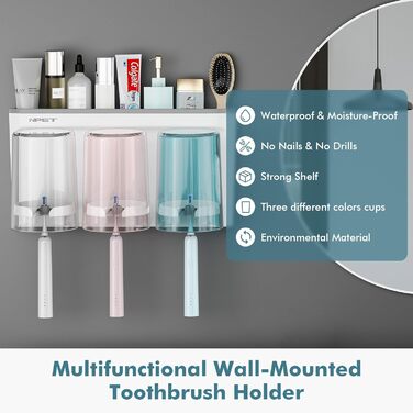 NPET Toothbrush Holder for Bathroom, 3 Cups, Toothbrush Holder Set, Wall Mount, Ideal Bathroom Accessory Organization