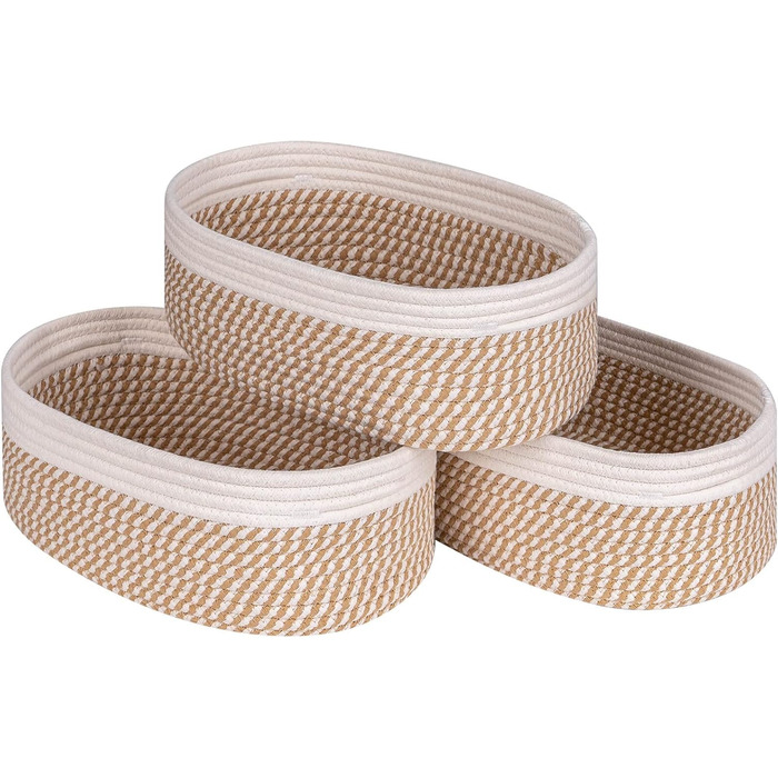 Regal storage baskets for organizing, decorative basket for toy storage and trash cans, small woven rope baskets, 33x21 cm, 3 pack, Green (Cream and Mixed Camel)