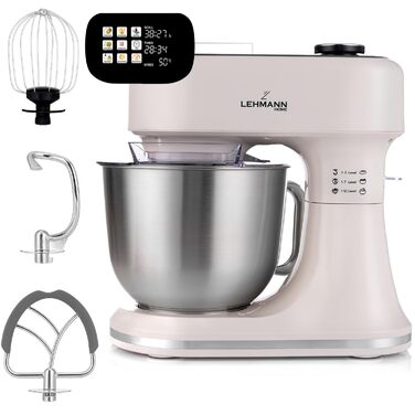 Кухонна машина Lehmann з дисплеєм, 1500 Вт, 12 швидкостей, функція ферментації з підігрівом, вбудовані ваги, таймер, чаша 5 л та 3 насадки-мішалки, Бежевий