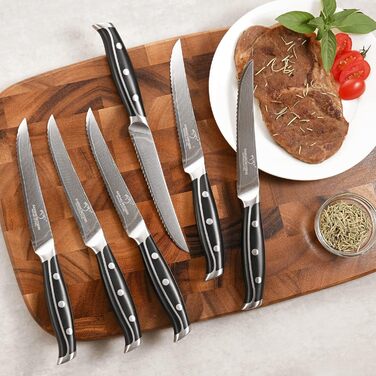 Nanfang Brothers 18-Piece Damascus Kitchen Knife Set with Hammered Handles & Wood Block - Premium Quality Steel Blades