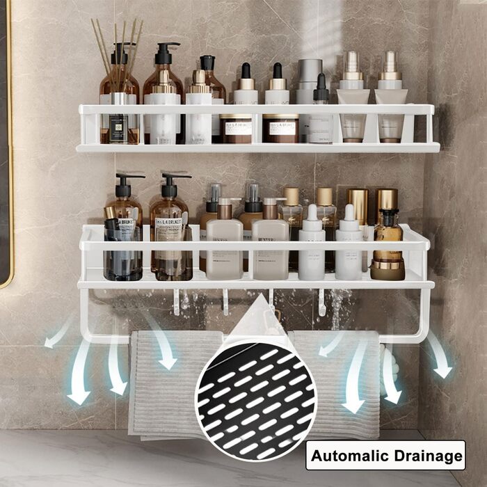 Поличка для душу Devesanter без свердління, 2 шт. з тримачем для рушників та 6 гачками. Органайзер для ванної кімнати, спальні, кухні (40 см, білий)