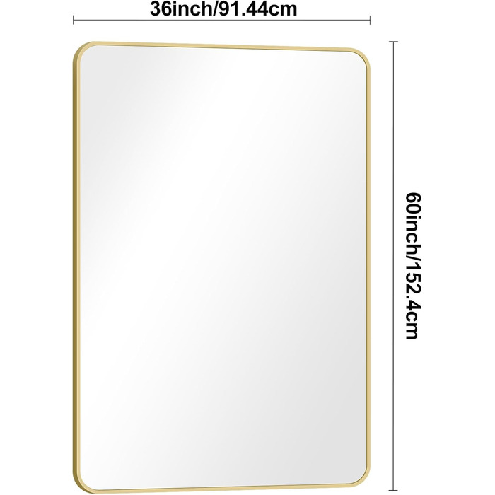 Дзеркало для ванної кімнати BONEWEI, 61 x 121,9 см, прямокутне, для монтажу на стіну, з рамою, косметичне дзеркало з округлими кутами, для спальні, вітальні, передпокою, горизонтальне (Золотий, 139.7L x 91.4B cm)