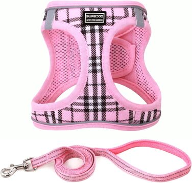 Шлейка для собак Suredoo для маленьких та середніх порід, антинатяжна, дихаюча, з повідком (рожевий в клітинку)