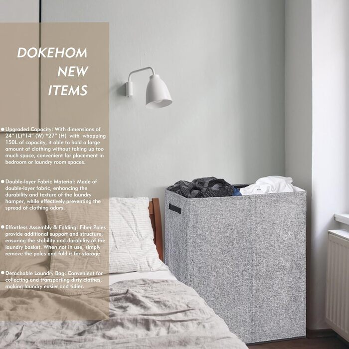 Великий кошик для білизни DOKEHOM 150 л з кришкою, подвійний, складний, з двома відділеннями та знімними мішками для прання, сірий, для спальні, ванної та пральні