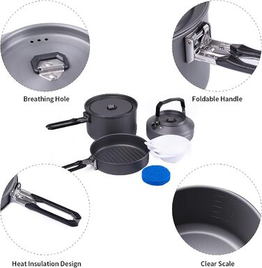 Набір кухонного посуду для кемпінгу Fire-Maple Feast 2: каструля, чайник, сковорода, тарілки та лопатка для 1-3 осіб. Ідеально для походів, трекінгу, риболовлі та пікніків. Чорний колір.