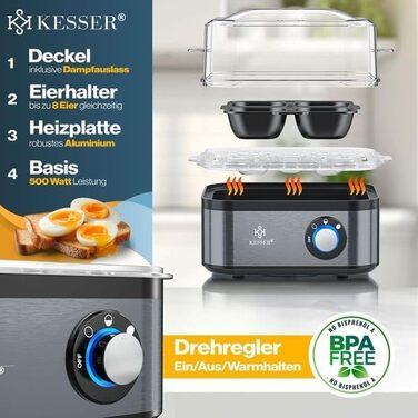 Електричний яйцеварка KESSER® на 1-8 яєць з нержавіючої сталі, 500W, з функцією підігріву, LED-регулятор, 3 ступені нагріву, BPA-Free, придатний для миття в посудомийній машині, мірний стакан, тримачі для яєць та форма для омлету, колір: антрацит
