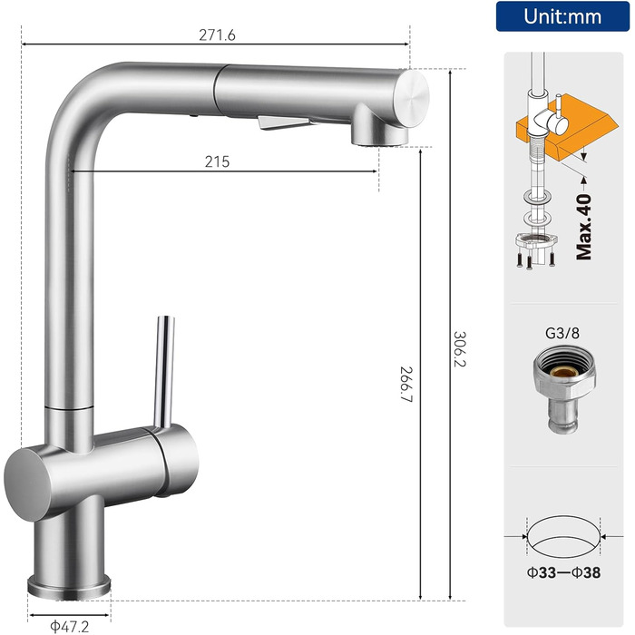 Змішувач кухонний CECIPA Hochdruck, висувний, з дозатором води, чорний, нержавіюча сталь, 360° поворот, ×207B (L-подібний, для високого тиску)