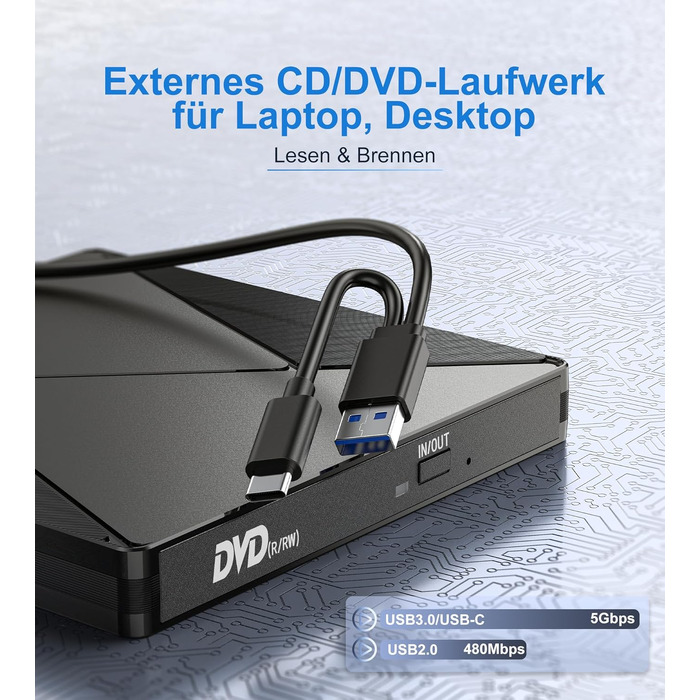Зовнішній CD/DVD привід USB 3.0 та USB-C, оптичний накопичувач CD/DVD +/-RW ROM для ноутбука, ПК, MacBook, iMac (Windows, MacOS, Linux)