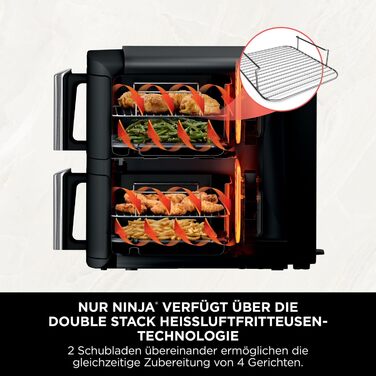 Ninja Double Stack Air Fryer, 7.6L Air Fryer, Double Basket Air Fryer with 4 Cooking Levels, 2 Drawers, 2 Racks, Space-Saving Design, 6 Cooking Functions, 6 Portions, Grey SL300EU Stacked Double Drawer 7.6L Grey