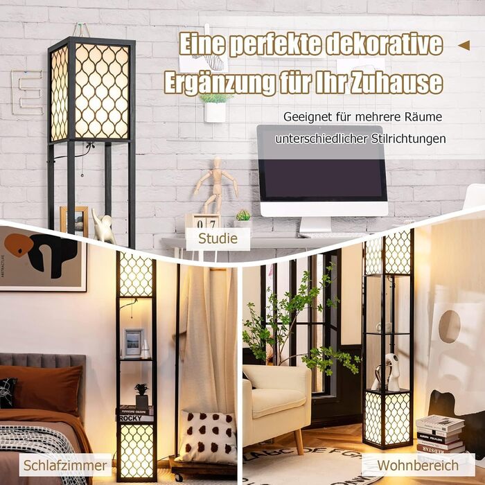 Стельова лампа RELAX4LIFE з 3 полицями, чорна, 160 см, Е27, для вітальні, спальні, офісу